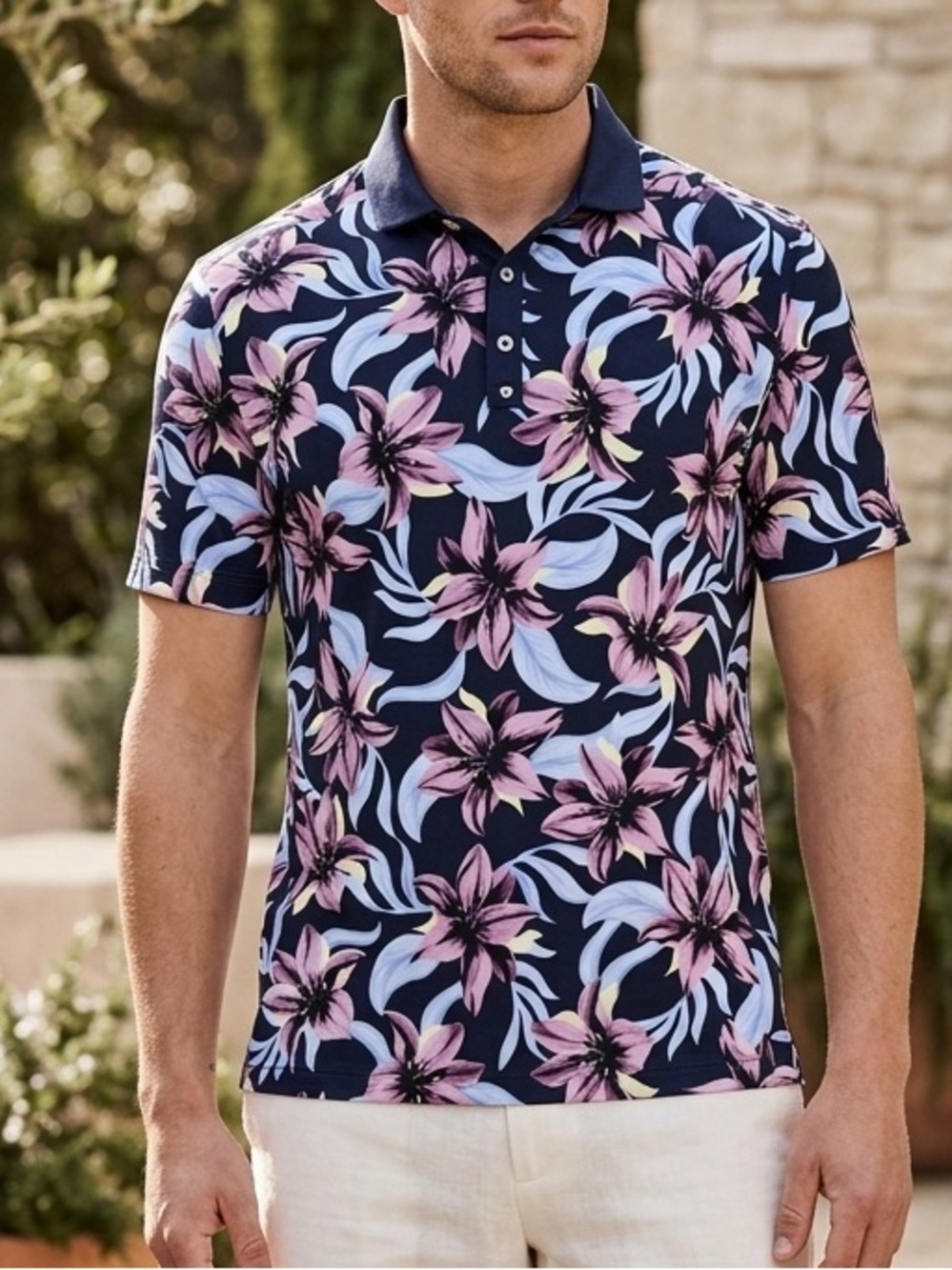 Bad Birdie Sz L Blue Floral Core Golf Polo Shirt Colorful Hawaiian Tropical